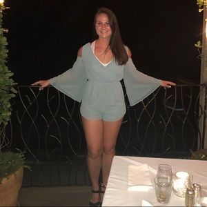 Charlotte Russe Teal sheer romper, shoulder-less